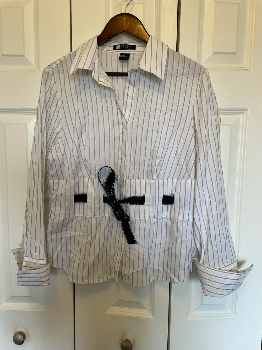 Carole Little White Pinstripe Shirt Jacket with Black Waist Tie- XL